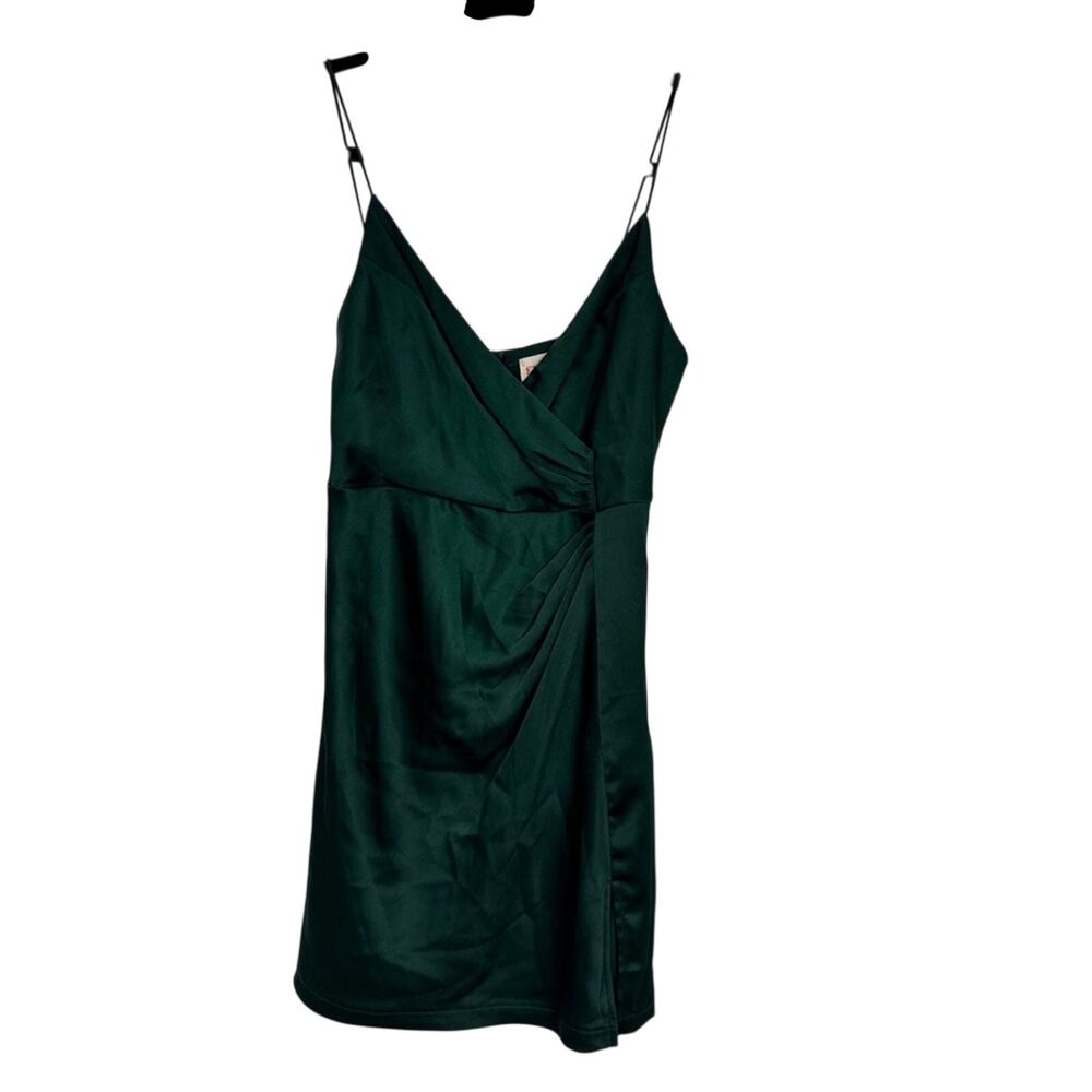 Showpo Forest Green Slip Mini Dress Womens 4 Satin Bridesmaid Faux Wrap Strappy